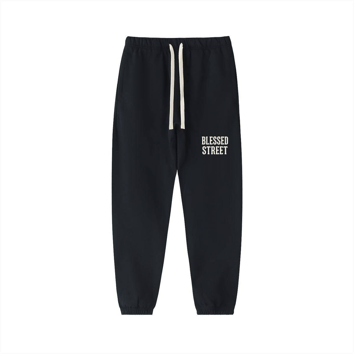 Black jogger sweatpants with a white drawstring and 'BLESSED STREET' printed in white on the left thigh, shown against a plain white background.