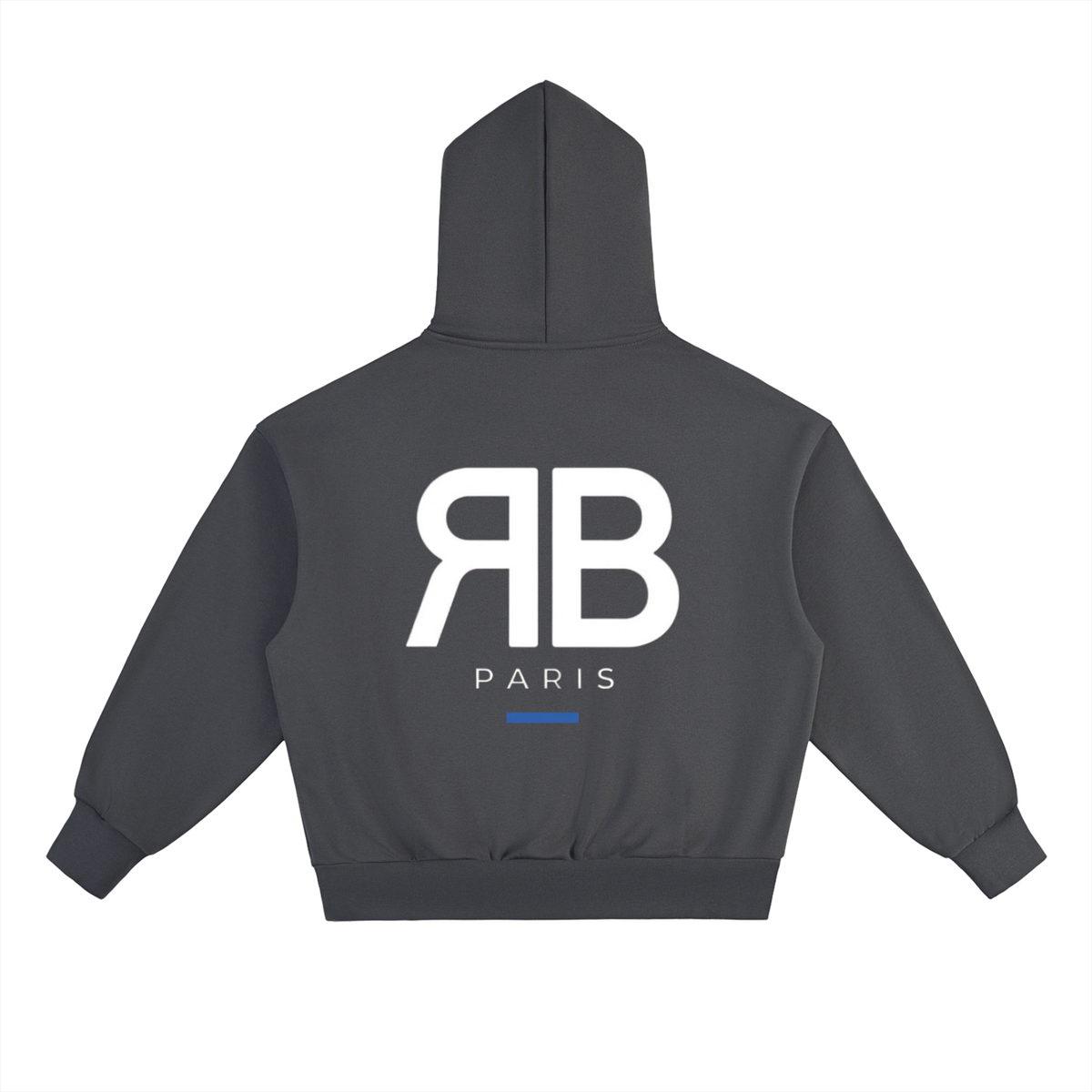A dark gray hoodie shown from the back, featuring a large white 'RB' logo and 'PARIS' text with a small blue accent line on the back.