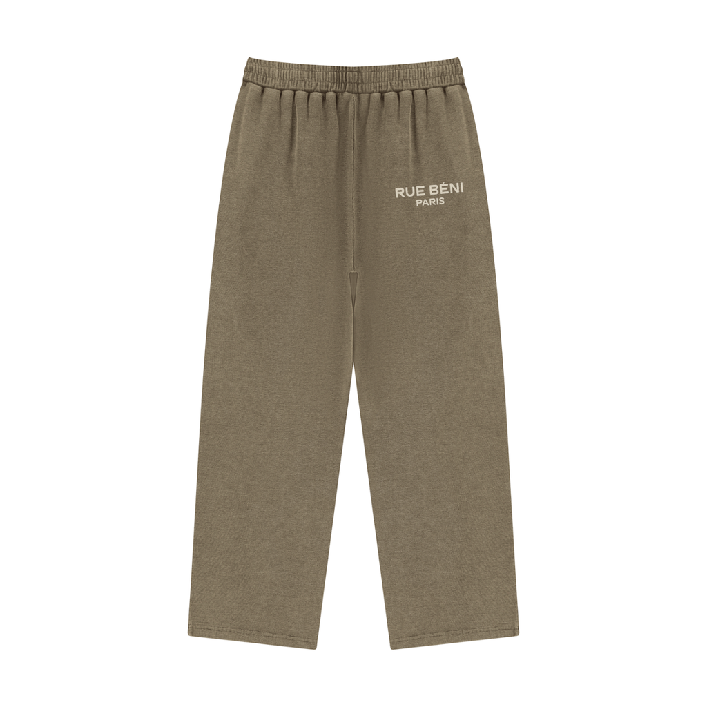 A pair of heathered olive brown sweatpants with an elastic waistband and the text 'RUE BENO PARIS' printed in white on the left hip, shown against a plain white background.