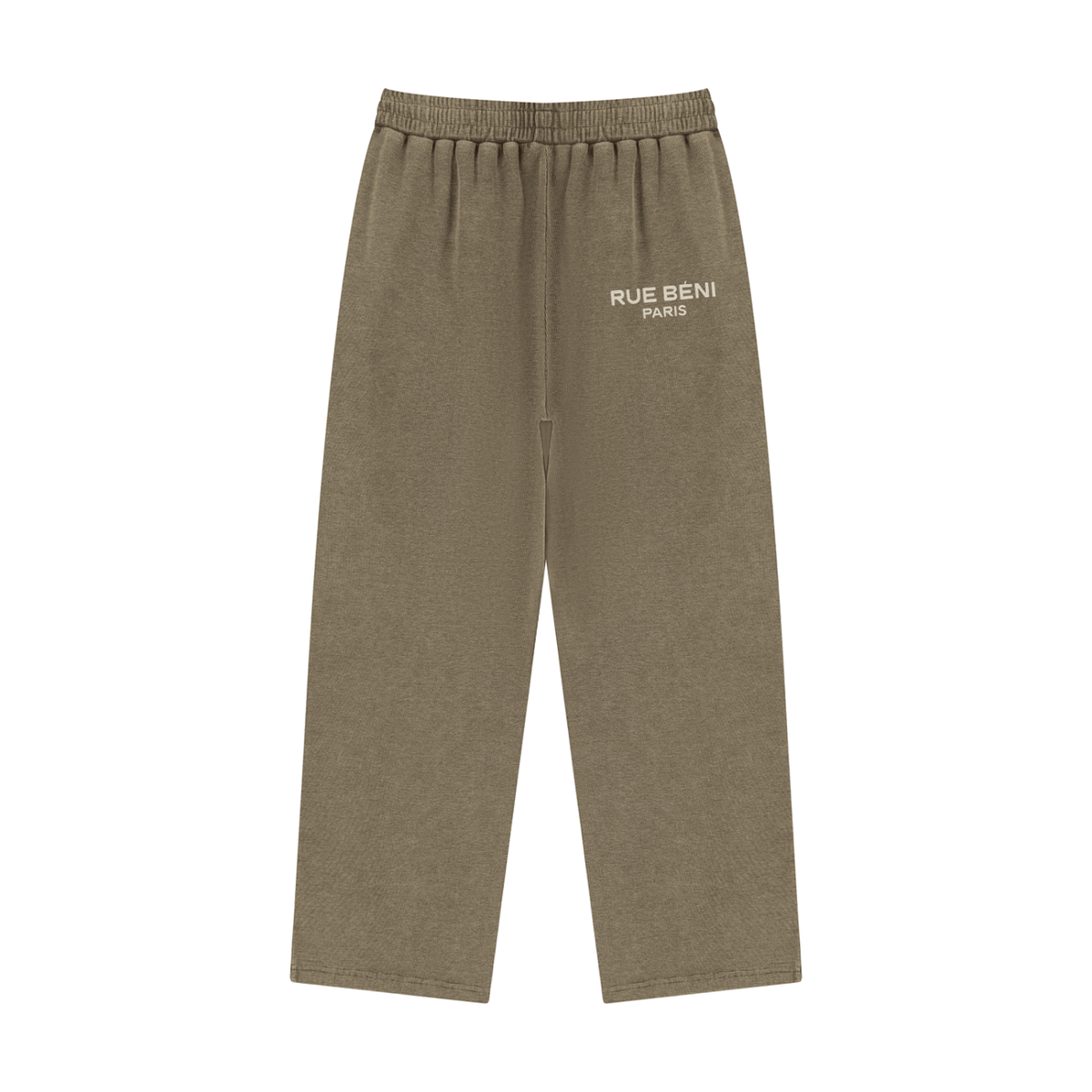 A pair of heathered olive brown sweatpants with an elastic waistband and the text 'RUE BENO PARIS' printed in white on the left hip, shown against a plain white background.