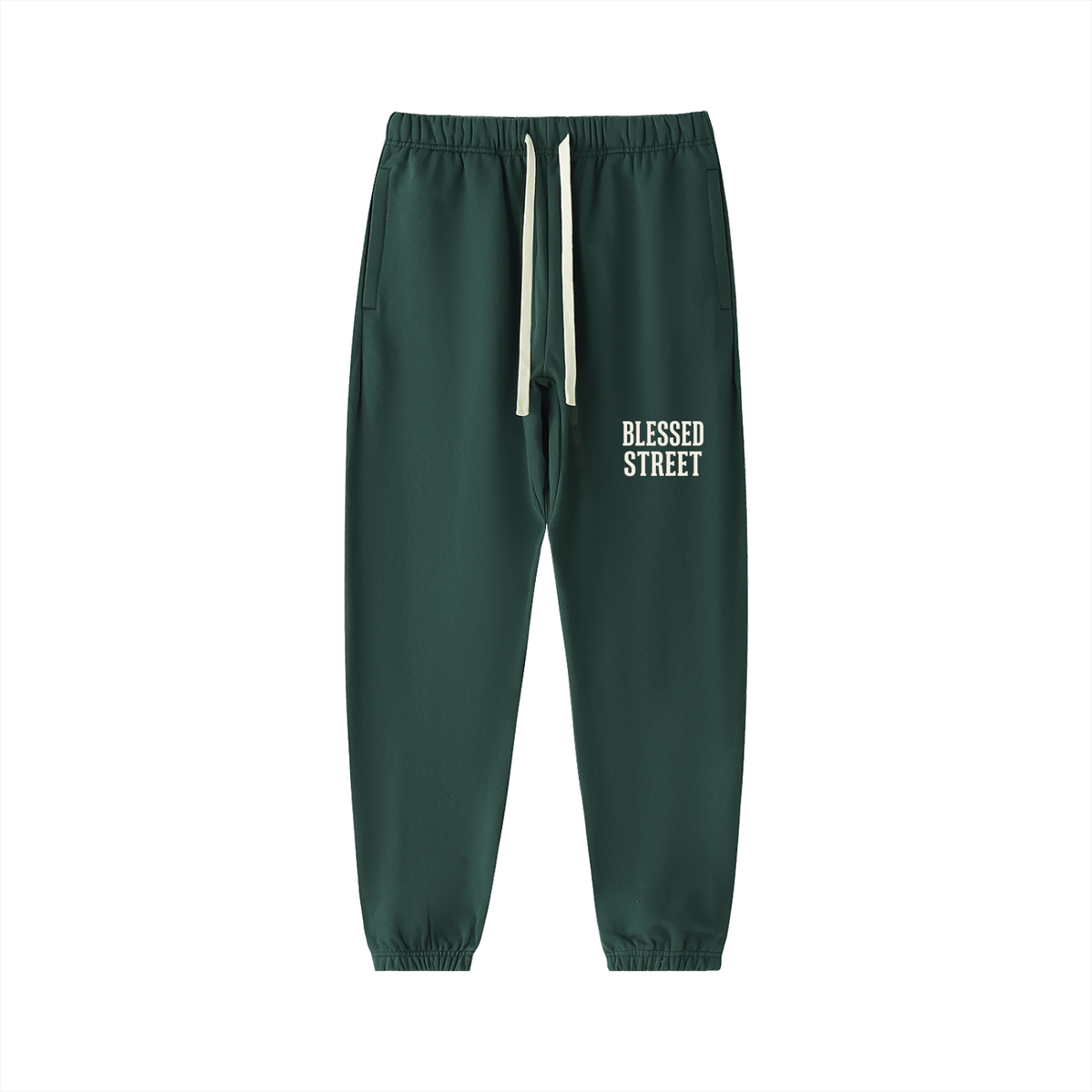 Dark green jogger pants with a white drawstring and a colorful 'SO CORP' logo patch on the left thigh, shown against a plain white background.