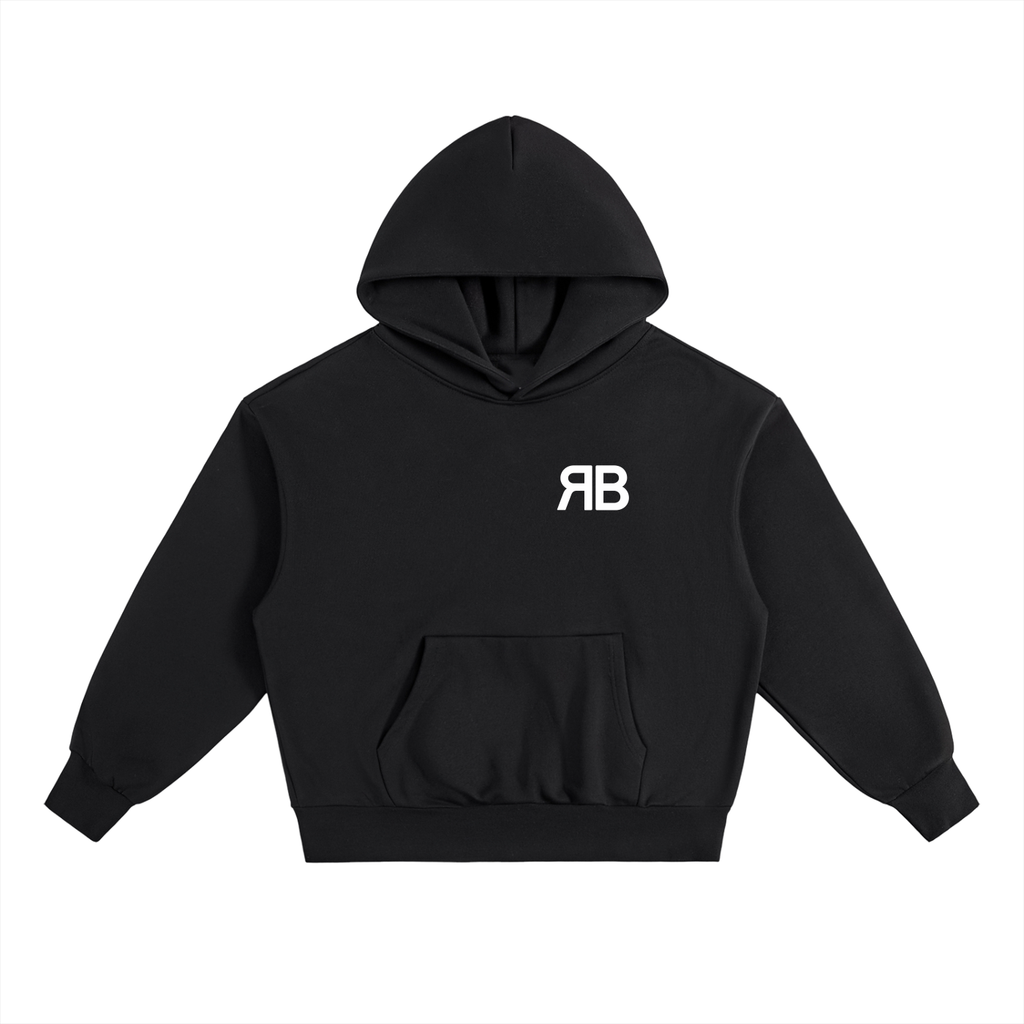 Black RUE BENI 500 GSM oversized hoodie, front view with white RB chest monogram and kangaroo pocket.
