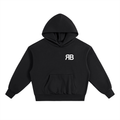 Black RUE BENI 500 GSM oversized hoodie, front view with white RB chest monogram and kangaroo pocket.

