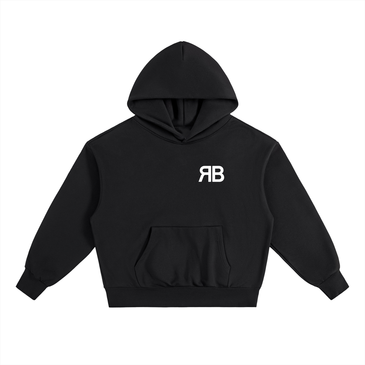 Black RUE BENI 500 GSM oversized hoodie, front view with white RB chest monogram and kangaroo pocket.
