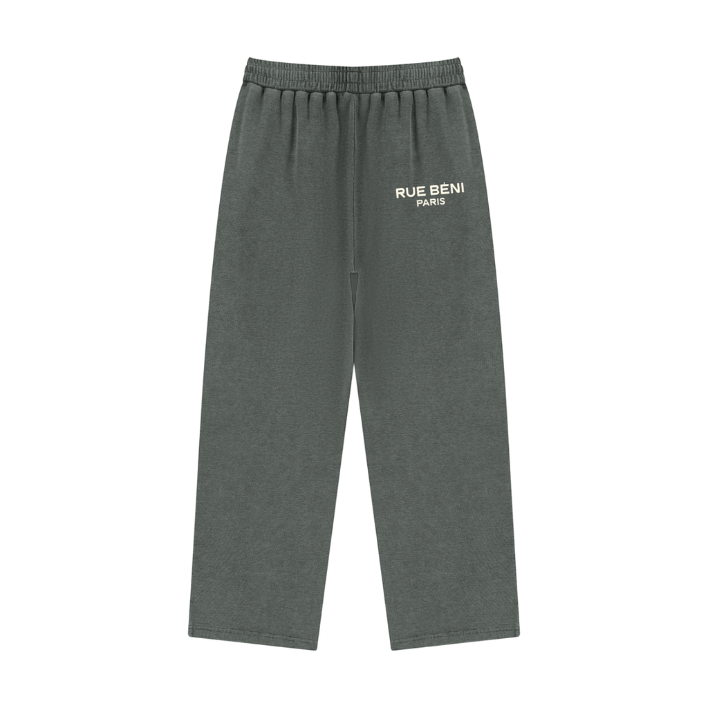 Dark gray heather sweatpants with an elastic waistband and a small white 'RUE BENI PARIS' logo printed on the left hip, shown against a plain white background.