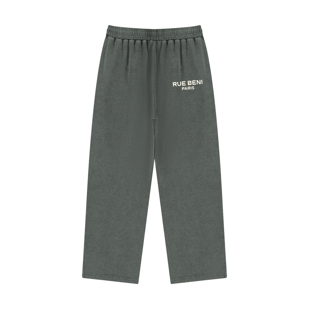 Dark gray heather sweatpants with an elastic waistband and a small white 'RUE BENI PARIS' logo printed on the left hip, shown against a plain white background.