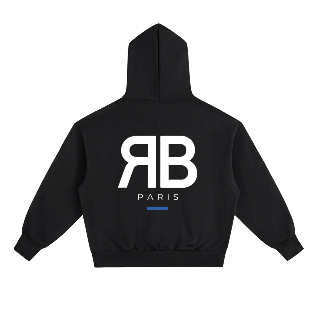 Black RUE BENI oversized hoodie, back view with large white RB Paris graphic and blue accent bar.
