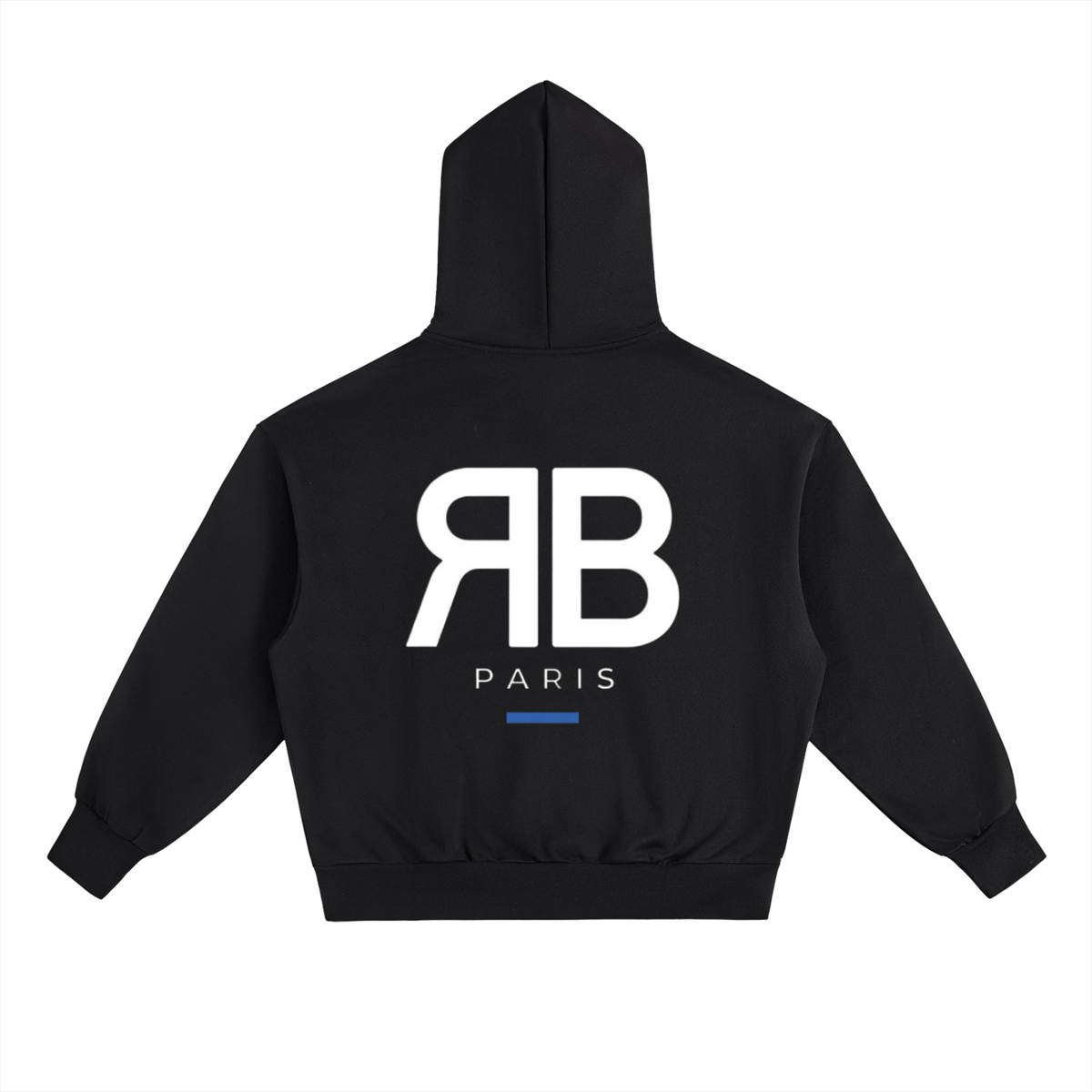 Black RUE BENI oversized hoodie, back view with large white RB Paris graphic and blue accent bar.
