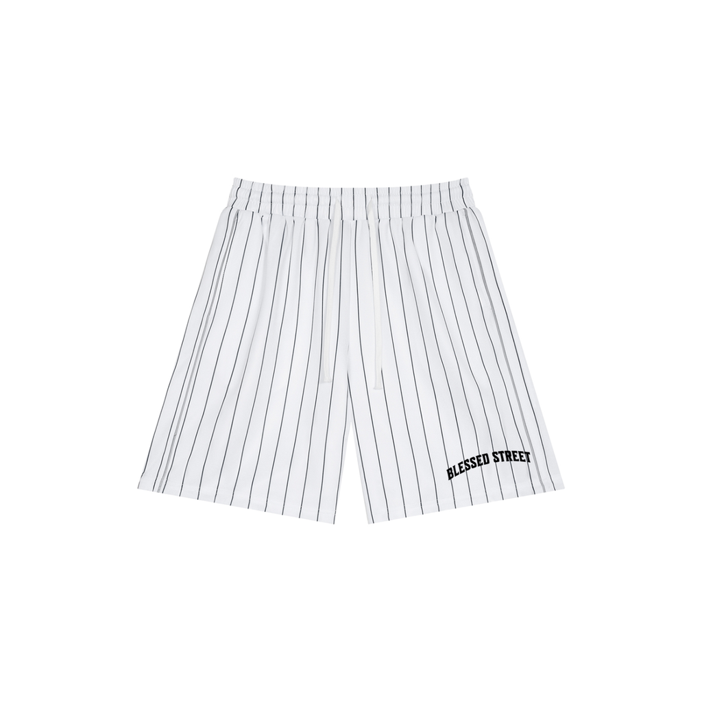 White shorts with black pinstripes on a white background
