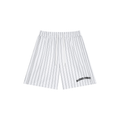 White shorts with black pinstripes on a white background
