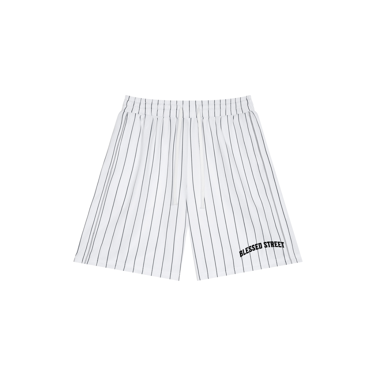 White shorts with black pinstripes on a white background