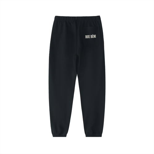Black sweatpants with a logo on the left thigh against a white background
