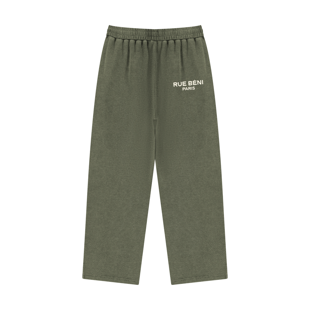 Olive green sweatpants with an elastic waistband and a small white 'RUE BENI PARIS' logo printed on the left hip, shown against a plain white background.