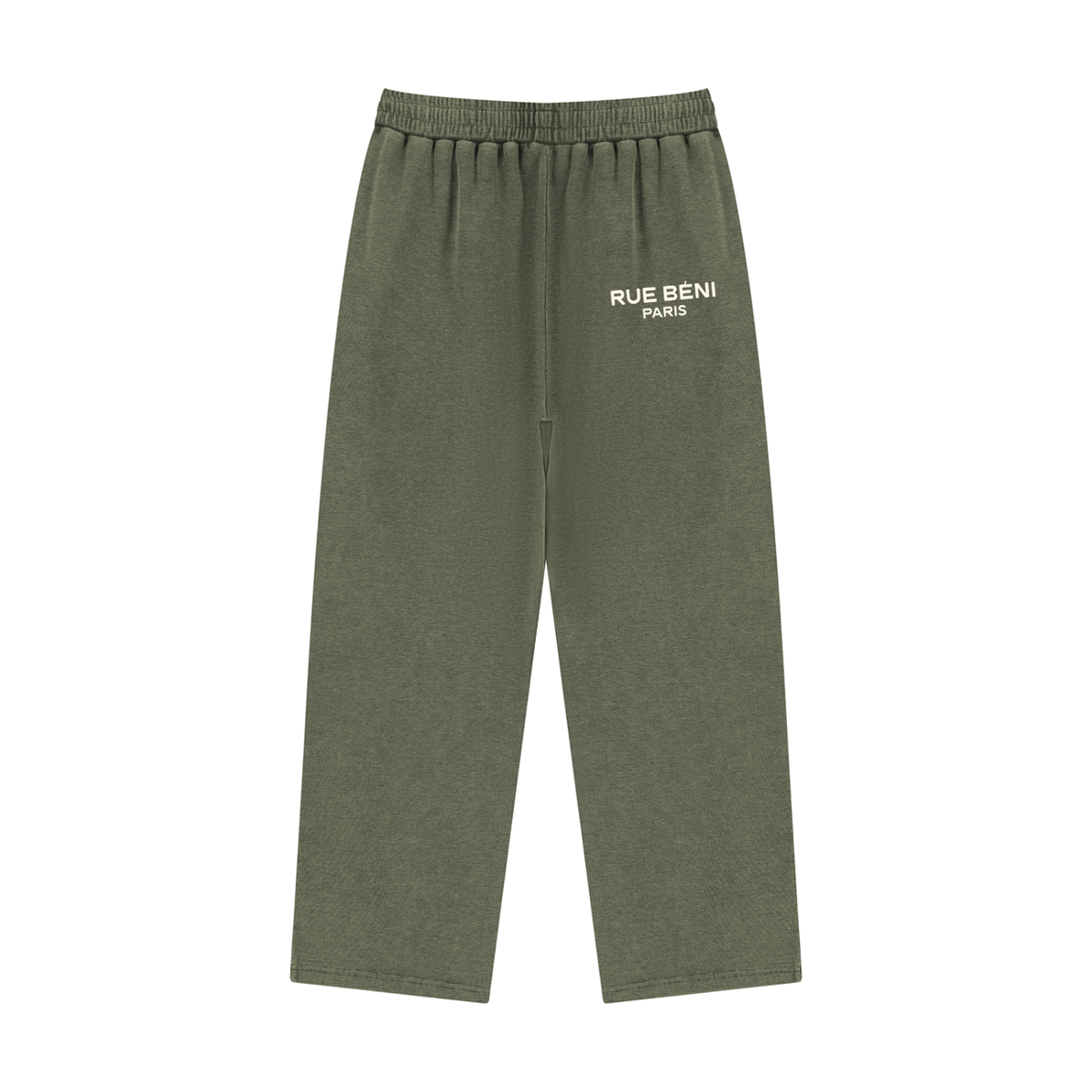 Olive green sweatpants with an elastic waistband and a small white 'RUE BENI PARIS' logo printed on the left hip, shown against a plain white background.