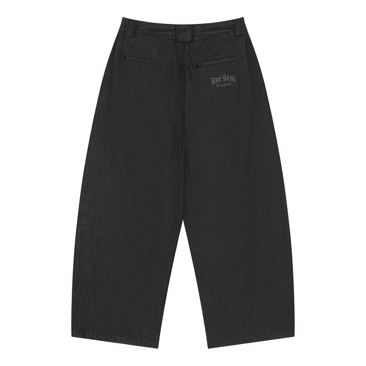 A pair of wide-leg cropped trousers in a dark charcoal gray and black textured fabric, shown flat against a solid white background. A small embroidered logo is visible on the upper right thigh.