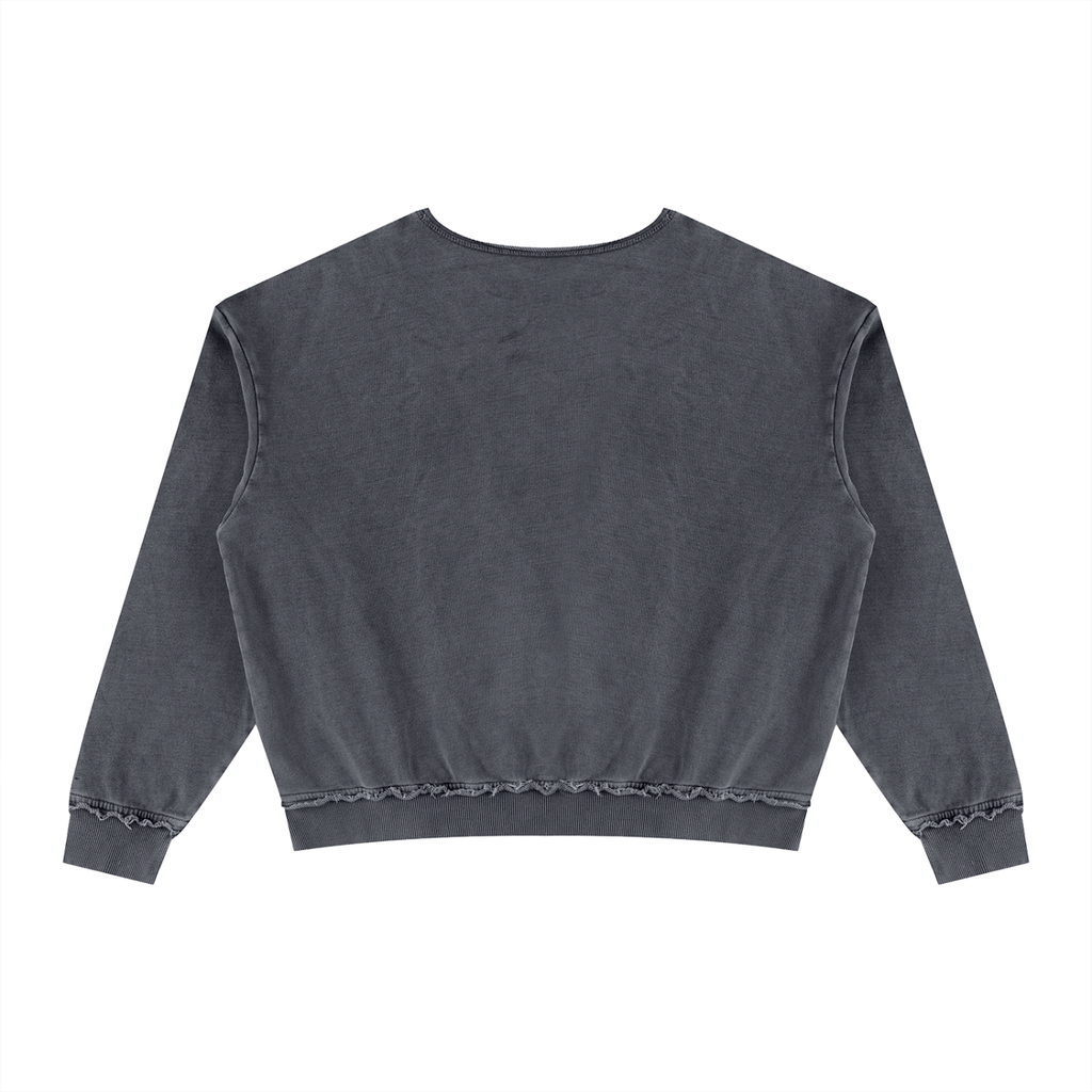 A dark gray washed long-sleeve crop top sweatshirt shown from the back, featuring raw-edge hem and cuff details, on a solid white background.