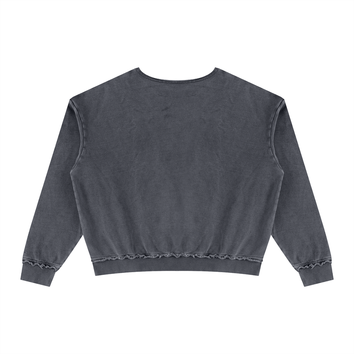 A dark gray washed long-sleeve crop top sweatshirt shown from the back, featuring raw-edge hem and cuff details, on a solid white background.
