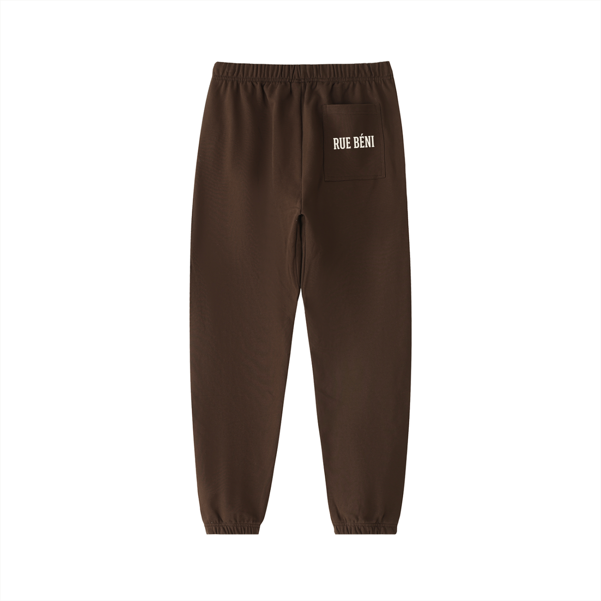 Brown sweatpants with a logo on the pocket against a white background