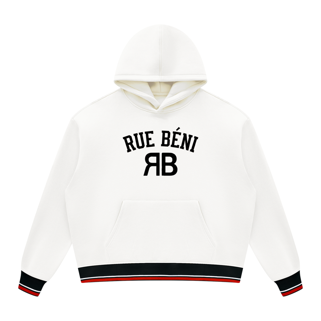 An off-white pullover hoodie with 'RUE BÉNI' and 'RB' printed in black on the chest, featuring black and red striped ribbed cuffs and hem.