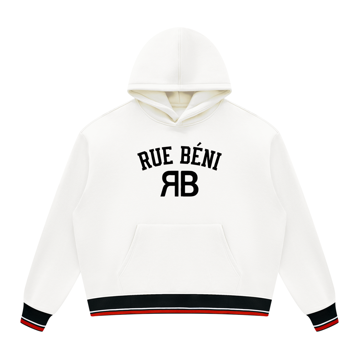 An off-white pullover hoodie with 'RUE BÉNI' and 'RB' printed in black on the chest, featuring black and red striped ribbed cuffs and hem.