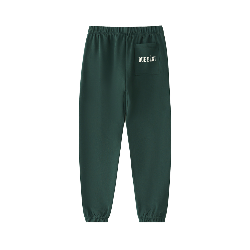 Green sweatpants with a brand logo on a white background