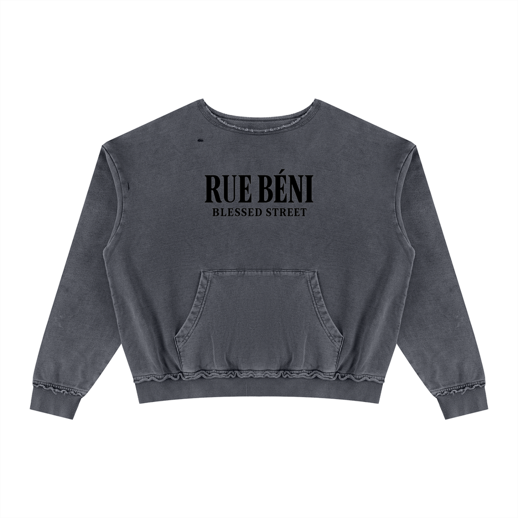 A dark gray washed crewneck sweatshirt with 'RUE BÉNI' and 'BLESSED STREET' printed in black on the chest, displayed flat against a solid white background.
