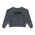 A dark gray washed crewneck sweatshirt with 'RUE BÉNI' and 'BLESSED STREET' printed in black on the chest, displayed flat against a solid white background.