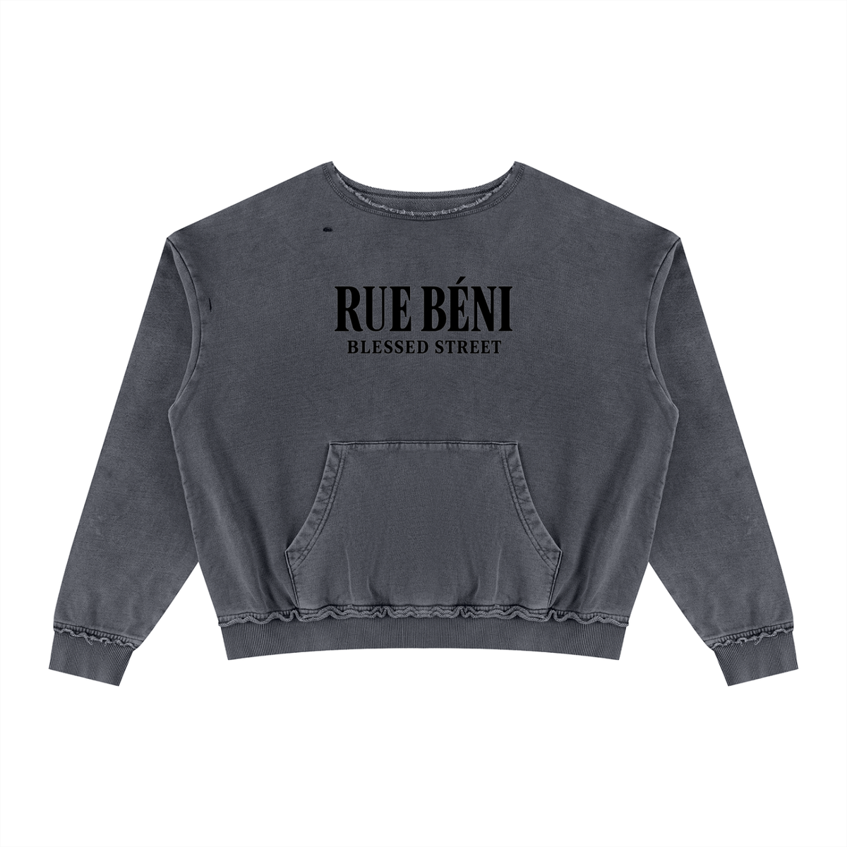 A dark gray washed crewneck sweatshirt with 'RUE BÉNI' and 'BLESSED STREET' printed in black on the chest, displayed flat against a solid white background.