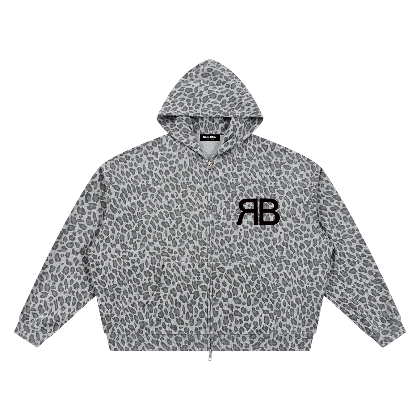 Hoodie Zippé Imprimé Léopard RB — Gris