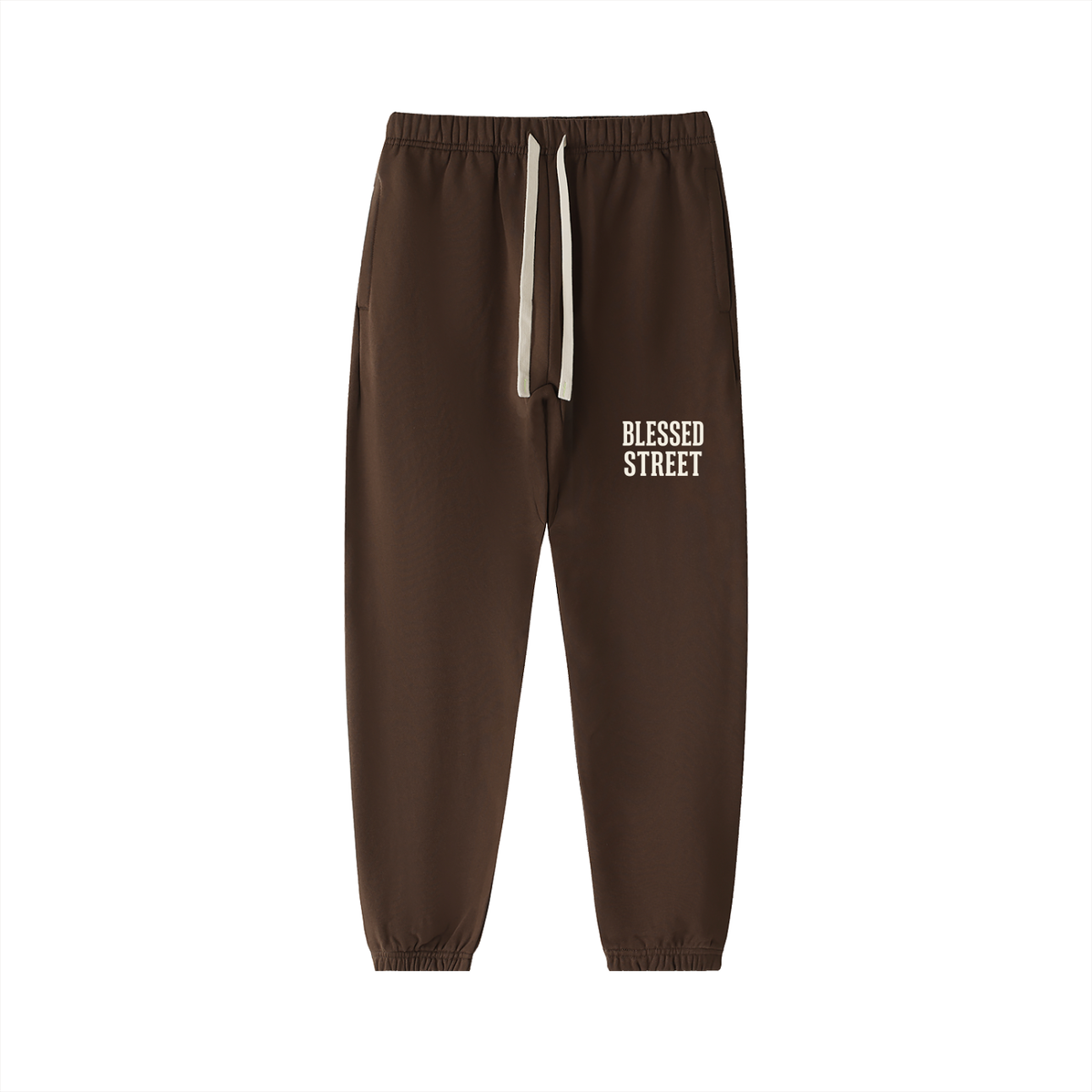 Black jogger pants with a white logo on a white background