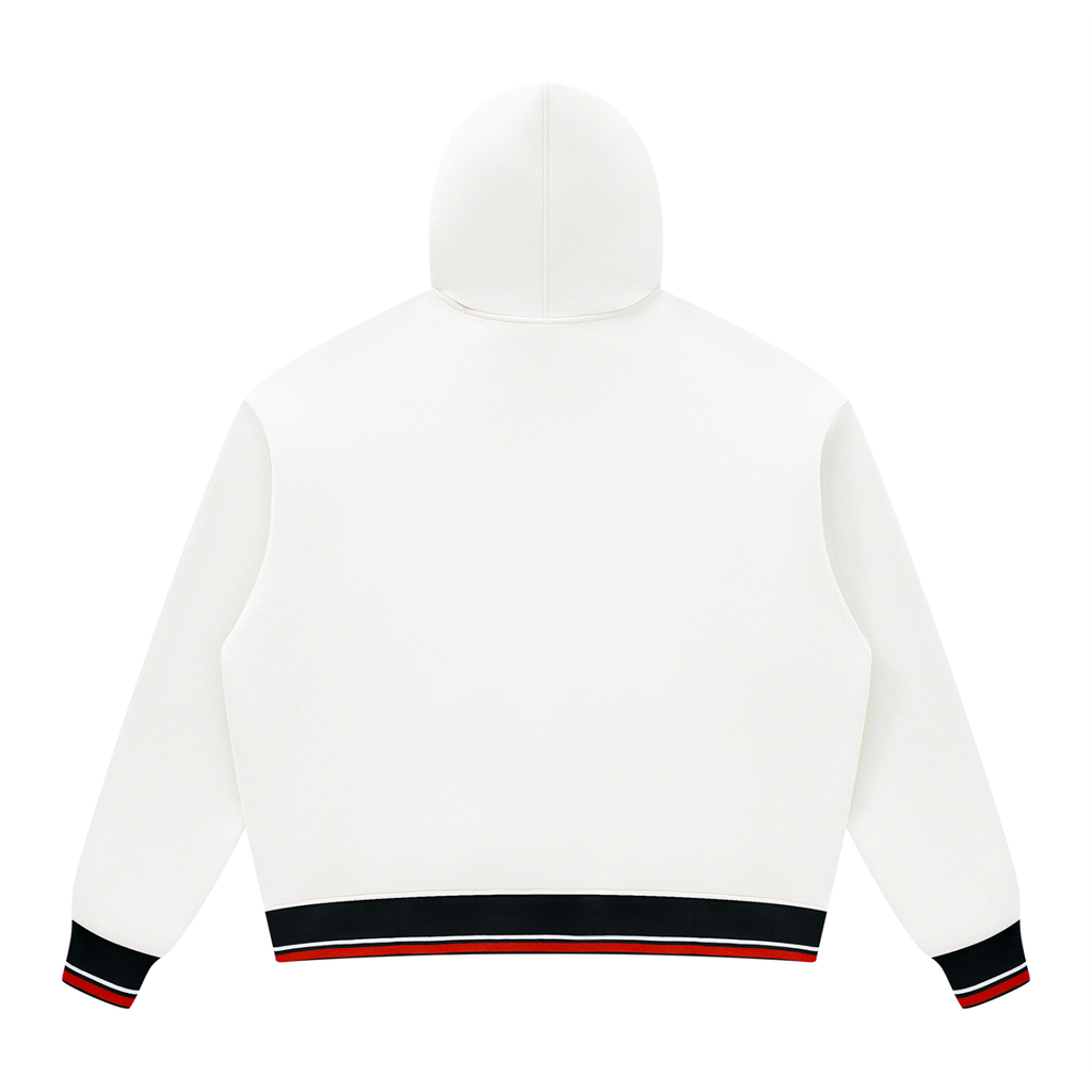 White hooded sweatshirt shown from the back, featuring black, red, and white striped ribbed cuffs and hem.