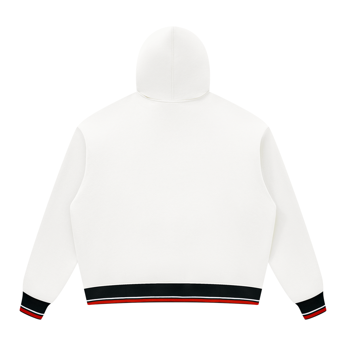 White hooded sweatshirt shown from the back, featuring black, red, and white striped ribbed cuffs and hem.