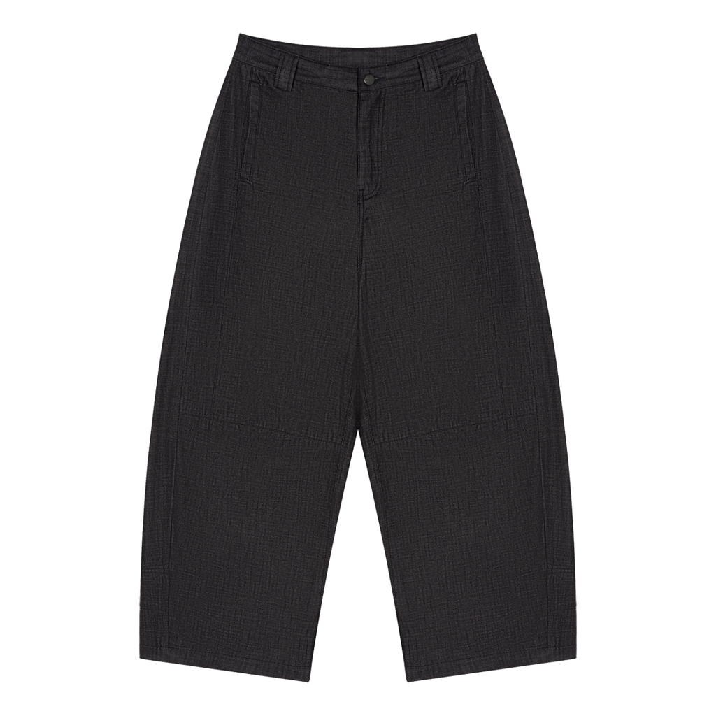 Black textured wide-leg trousers with a subtle grid-like weave pattern, shown flat against a solid white background.