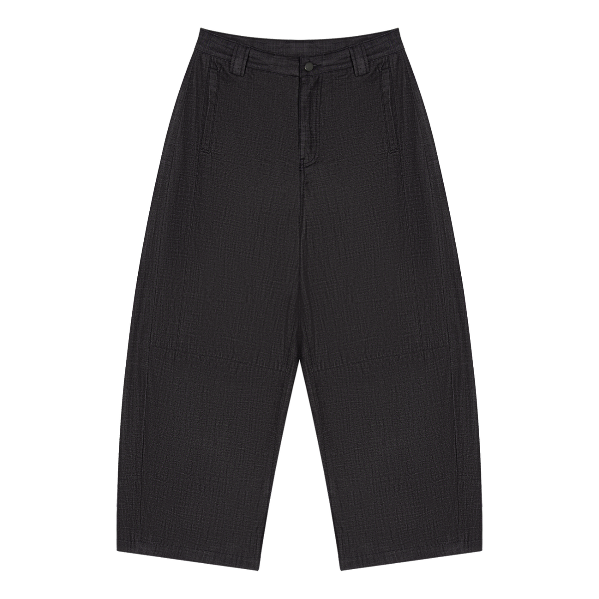 Black textured wide-leg trousers with a subtle grid-like weave pattern, shown flat against a solid white background.