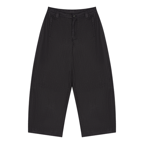 Black textured wide-leg trousers with a subtle grid-like weave pattern, shown flat against a solid white background.