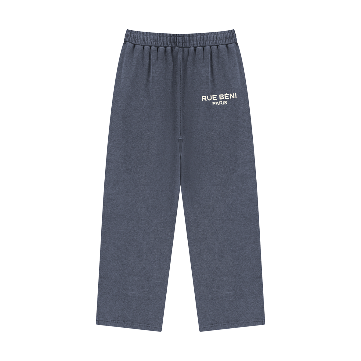 A pair of dark slate blue sweatpants with an elastic waistband and white embroidered text reading 'RUE BENI PARIS' on the left hip, shown against a plain white background.