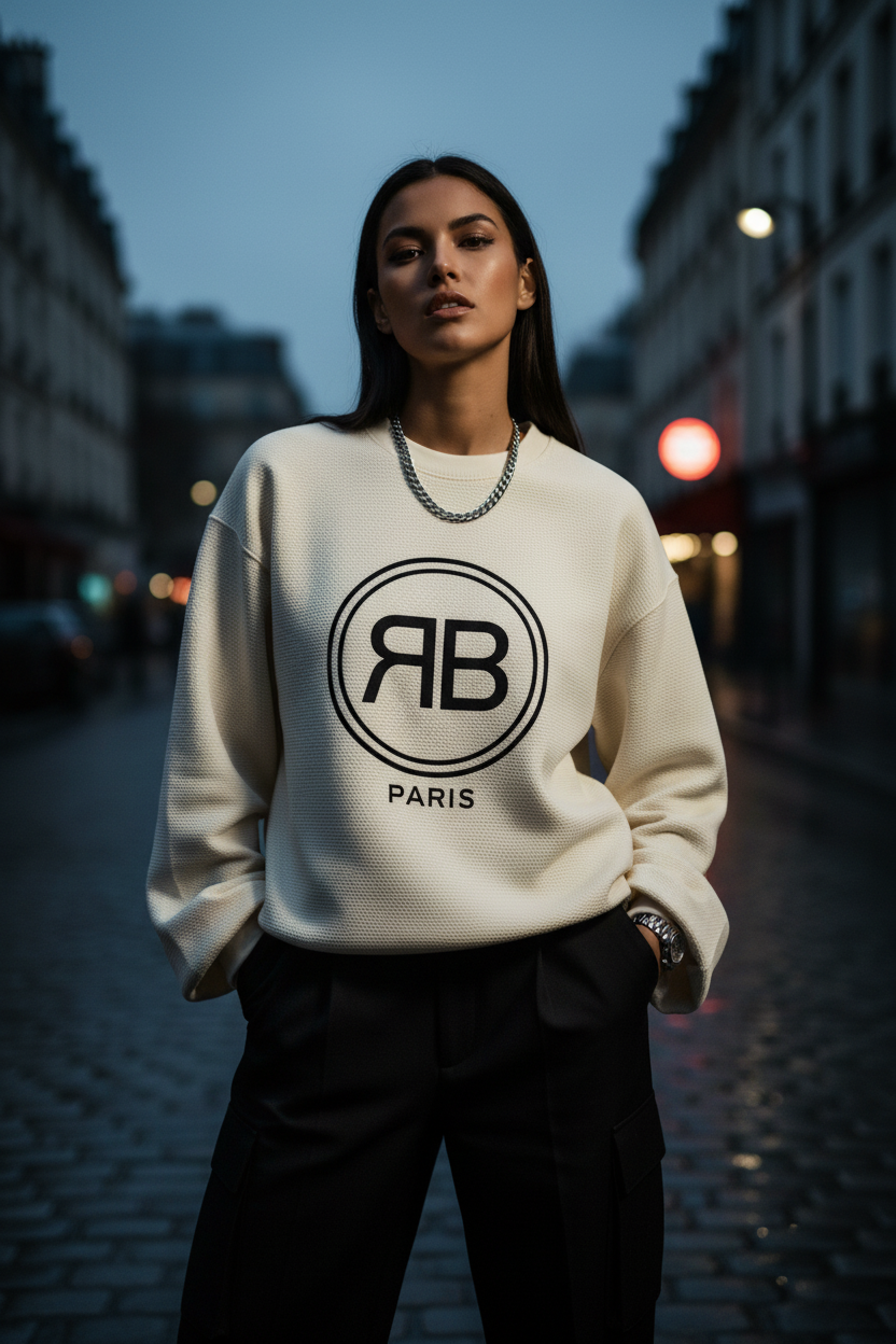 RB PARIS Cream Longsleeve — Large Logo Female Model